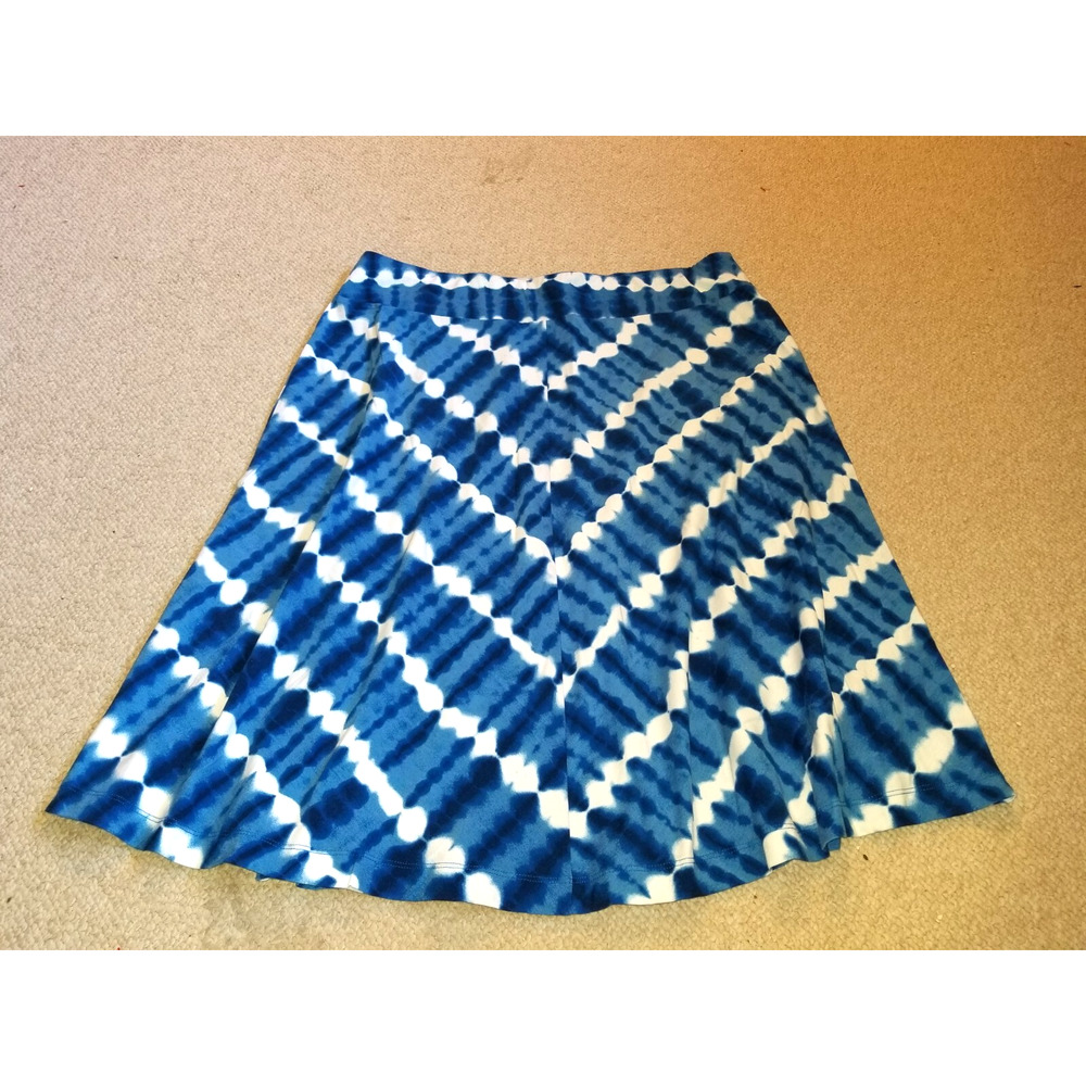 Womens Skirt-LANDS' END-blue/white/navy tie-dye cotton knit midi pull on BOHO-L